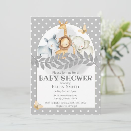グレーのサファリベイシャワーのための男の子または女の子招待状 招待状 (スタンド正面)