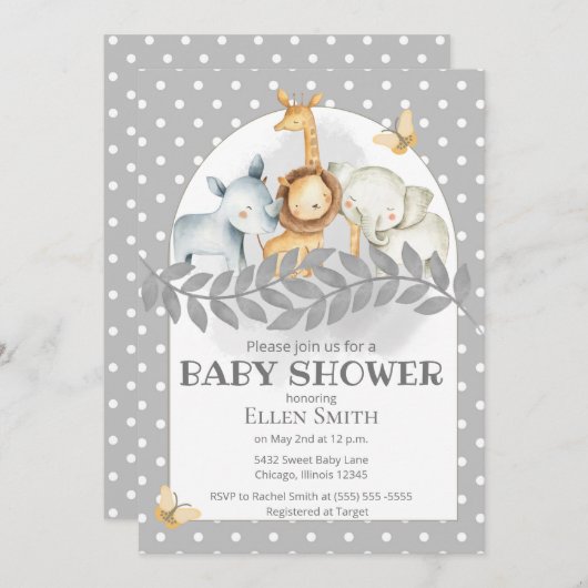 グレーのサファリベイシャワーのための男の子または女の子招待状 招待状 (正面/裏面)