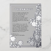 グレーのサンキューカードの銀結婚箔の葉 箔招待状 (正面)