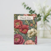 グレーのサンキューカード上のピンク、紫、アイボリーフローラ ポストカード