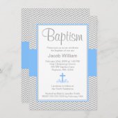 グレーのシェブロン ブルー クロス 男の子 洗礼 誕生会 招待状 (正面/裏面)