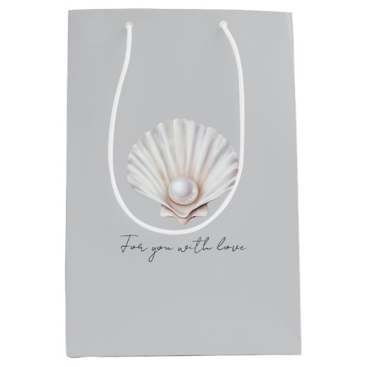 グレーのシェルホワイトパールのブライズシャワー ミディアムペーパーバッグ (正面)