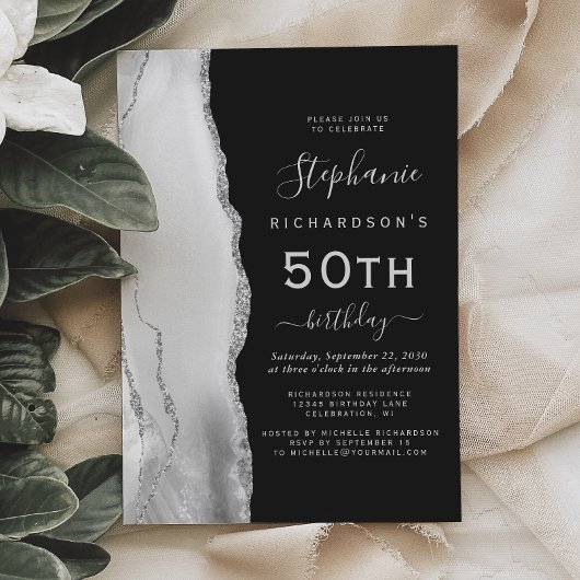 グレーのシルバーアゲート ダーク 50歳の誕生日 招待状