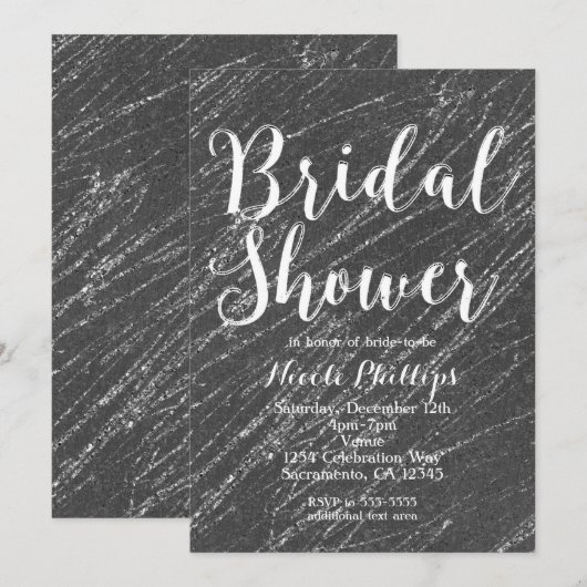 グレーのシルバーグリッターマーブルストライプ ブライダルシャワー 招待状 (正面/裏面)