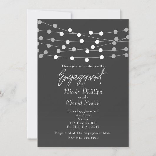 グレーのシルバーストリングライト モダンエンゲージメント 招待状 (正面)