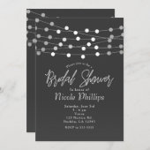 グレーのシルバーストリングライト モダン ブライダルシャワー 招待状 (正面/裏面)