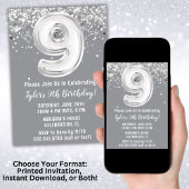 グレーのシルバー9歳の誕生日パーティー 招待状
