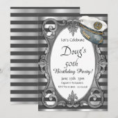 グレーのシルバー ネイビー 誕生日 招待状 (正面/裏面)