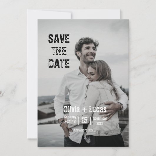 グレーのシンプルなミニマルなトレンディな写真のSave the Date 招待状 (正面)