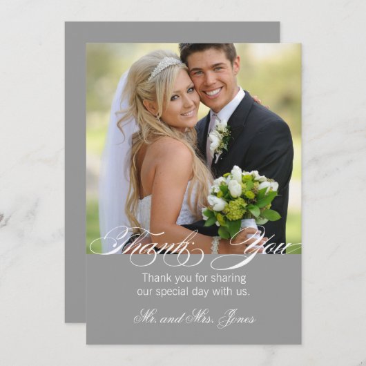 グレーのシンプルな写真付き結婚式のお礼カード サンキューカード (正面/裏面)