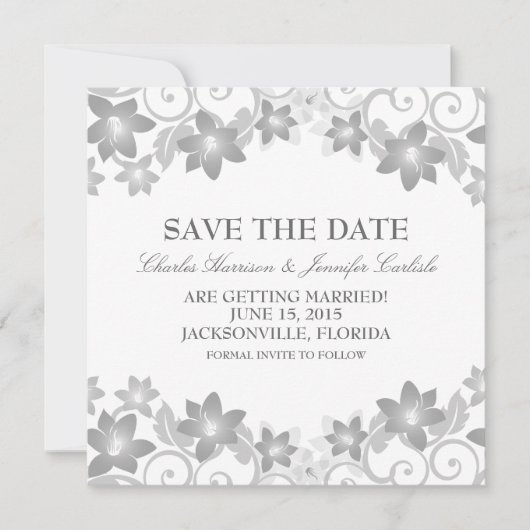 グレーのシンプルな花のデザインのSave the Date招待状 招待状 (正面)