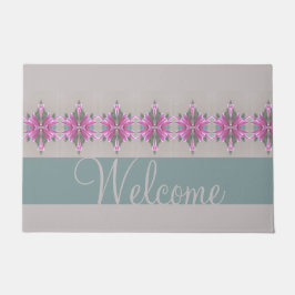 グレーのスクリプトタイポグラフィ(ティール（緑がかった色）グリーンとピンク) ドアマット