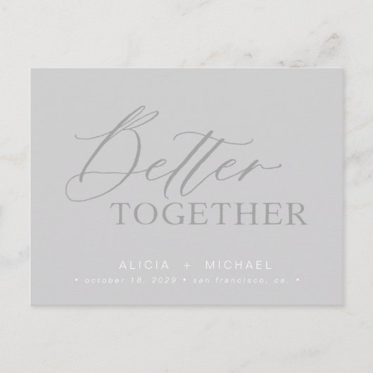 グレーのスクリプト結婚の日付を救より合わせる 案内ポストカード (正面)