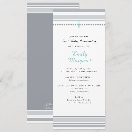 グレーのストライプにターコイズクロス ファーストホーリーコミュニオン 招待状 (正面/裏面)