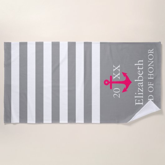 グレーのストライプ ウェディングパーティー 海辺のタオル ビーチタオル (正面)