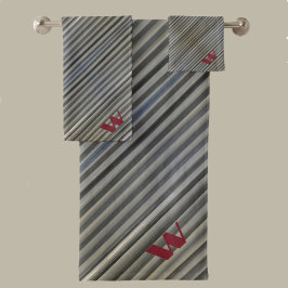 グレーのスモークモノクロストライプモノグラムの バスタオルセット