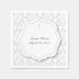 グレーのダマスクと装飾ラベルとクロス スタンダードカクテルナプキン