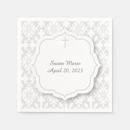 グレーのダマスクと装飾ラベルとクロス スタンダードカクテルナプキン (正面)