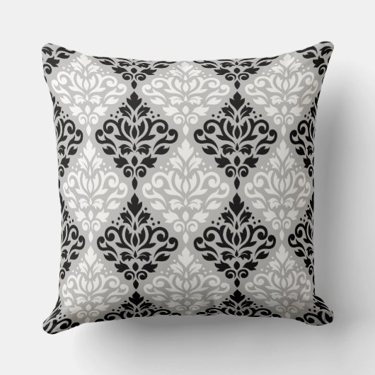 グレーのダマスクの大きいPtn B&Wをスクロール クッション (裏面)