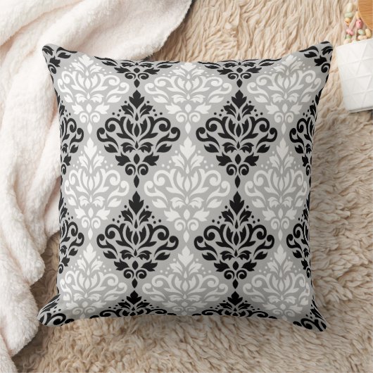 グレーのダマスクの大きいPtn B&Wをスクロール クッション (ブランケット)