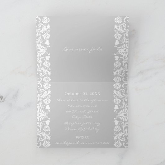 グレーのダマスクの結婚式あなたが色を選択 招待状 (内部)