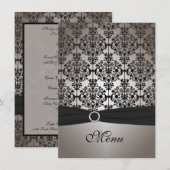 グレーのダマスク柄 ウェディング メニュー カード (正面/裏面)