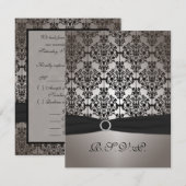 グレーのダマスク模様とブラックのウェディング出欠確認カード 出欠カード (正面/裏面)
