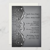 グレーのダマスク模様、シルバーのスクロール 招待状 (正面/裏面)