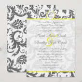 グレーのダマスク・スワール・ブライトイエロー結婚式招待状 招待状 (正面/裏面)