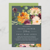 グレーのチーク イエロー オレンジ フラワーブライダルシャワー 招待状 (正面/裏面)