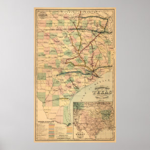 グレーのテキサス州の鉄道地図(1877) ポスター
