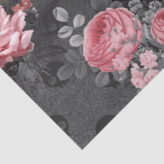 グレーのデコページのピンクのバラとスカル 薄葉紙 (詳細)