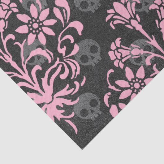 グレーのデコページ上のスカルとピンクのフラワーダマスク 薄葉紙 (詳細)