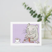 グレーのハムスターの編み物とスカーフのはがき ポストカード (スタンド正面)