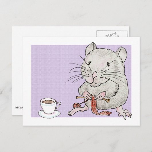 グレーのハムスターの編み物とスカーフのはがき ポストカード (正面/裏面)