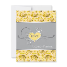 グレーのバラと黄色のウェディングRSVPカード