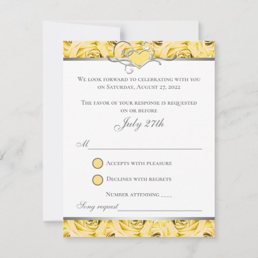 グレーのバラと黄色のウェディングRSVPカード 招待状 (裏面)