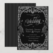 グレーのバラ ストライプ ゴシックウェディング 招待状 (正面/裏面)