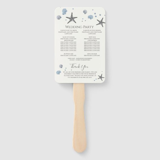 グレーのヒトデと青い貝殻の結婚式プログラム ハンドファン (裏面)