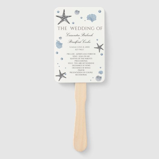 グレーのヒトデと青い貝殻の結婚式プログラム ハンドファン (正面)