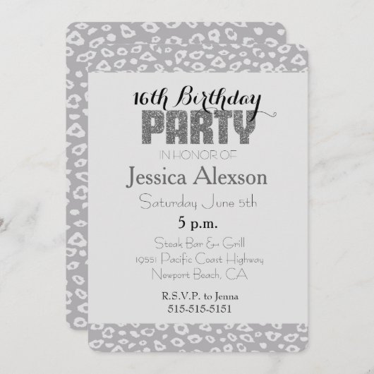 グレーのヒョウ柄 16歳の誕生日 招待状 (正面/裏面)