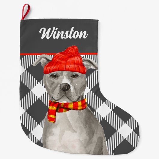 グレーのピットブルと犬の名前ラージChとプレイド ラージクリスマスストッキング (正面)