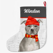 グレーのピットブルと犬の名前ラージChとプレイド ラージクリスマスストッキング (裏面)