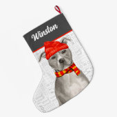 グレーのピットブルと犬の名前ラージChとプレイド ラージクリスマスストッキング (裏面 (吊り時))