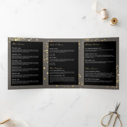 グレーのフェイクパンフレットに散在する金ゴールド紙吹雪 三つ折りカード (内部)