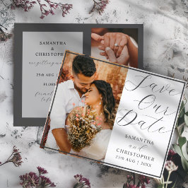 グレーのフォントがおしゃれな「Save Our Date」3枚の写真が使えるフォトフレーム付き ウェ
