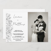 グレーのフラワーアート結婚式招待状と写真 招待状 (正面/裏面)