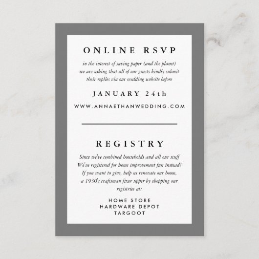 グレーのフレーム ウェディング 返信 RSVP 登録カード エンクロージャーカード (正面)