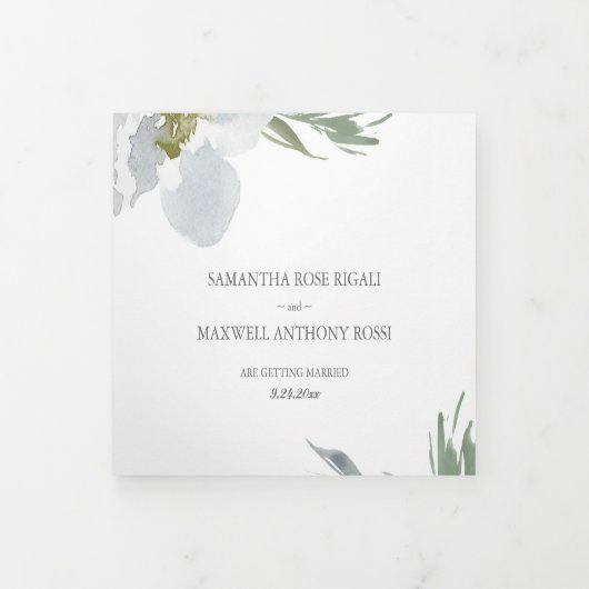 グレーのフローラと緑の全てをワンウェディングで招待 三つ折り招待状 (カバー)