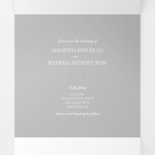 グレーのフローラと緑の全てをワンウェディングで招待 三つ折り招待状 (内部中)